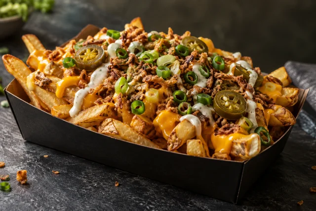 Serviervorschlag: Loaded Fries mit Käsesauce, Röstzwiebeln, Frühlingszwiebeln und Jalapeños