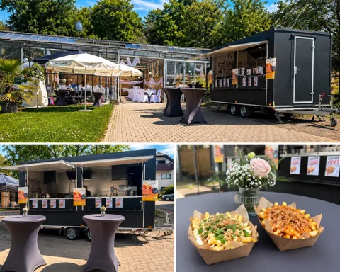 Bildcollage mit Catering-Anhänger, Veranstaltungsbereich und belegten Pommes